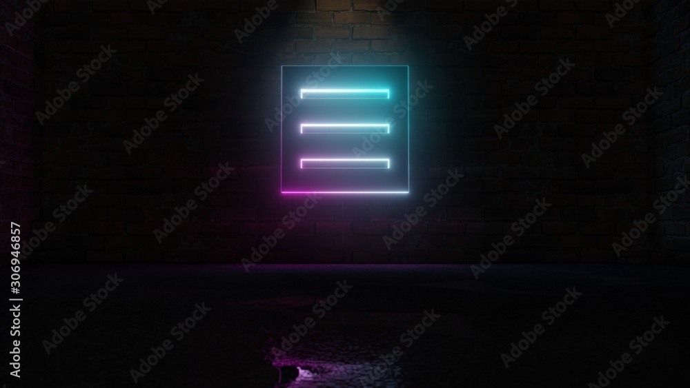 3D rendering of blue violet neon symbol of menu  icon on brick wall