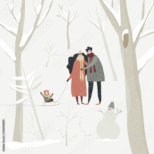 Cartoon happy family walking in winter forest