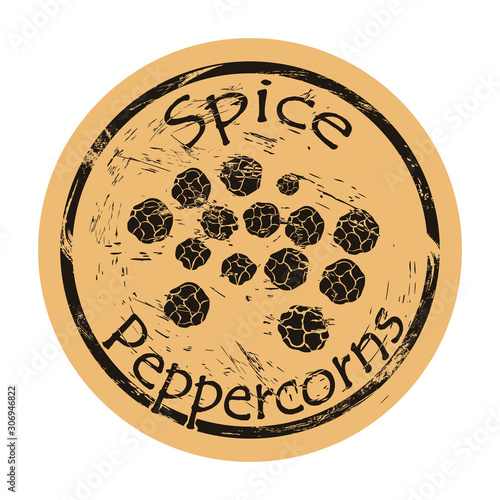 Peppercorns icon vector round shabby emblem design, old retro style. Spice ingredient for food logo mail stamp on craft paper. Cooking ingredient vintage grunge sign. Spicy food.