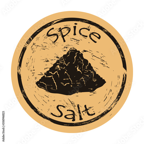 Scattered salt spice icon vector round shabby emblem design, old retro style. Spice ingredient for food logo mail stamp on craft paper. Salt hill. Cooking ingredient vintage grunge sign.