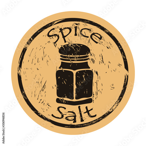 Salt-cellar with salt spice icon vector round shabby emblem design, old retro style. Spice ingredient for food logo mail stamp on craft paper. Cooking ingredient vintage grunge sign. Salt shaker