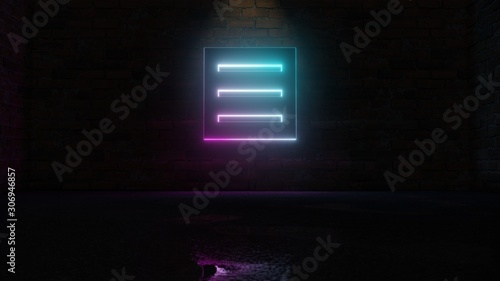 3D rendering of blue violet neon symbol of menu icon on brick wall