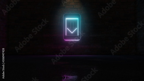 3D rendering of blue violet neon symbol of mobile phone icon on brick wall