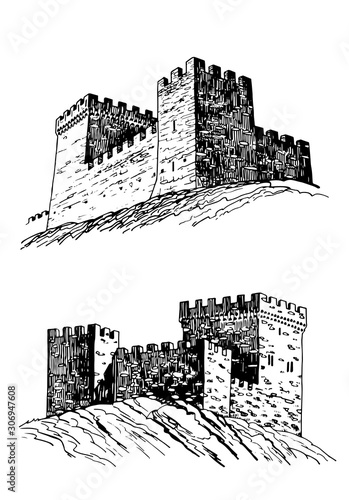 Graphical  sketch of Genoese fortress isolated on white  background,vector sightseeing,Crimea