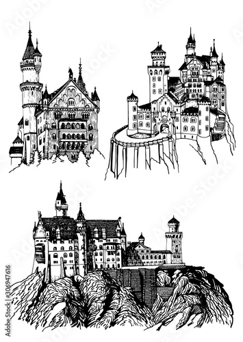  Graphical set of castles isolated on white background, Germany medieval castles. Neuschwanstein Castle