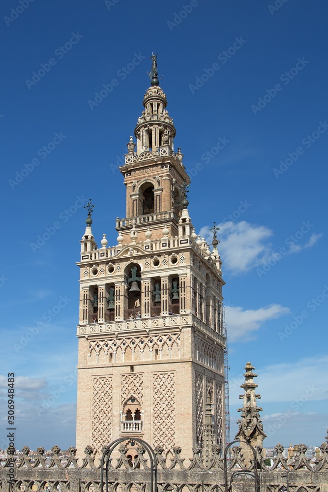 View of Giralda bellfry from the Seville cathedral roof