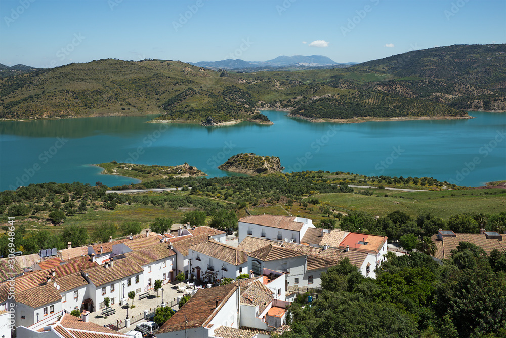 Water reservoir near Zahara de la sierra white village in Andalusia, Spain