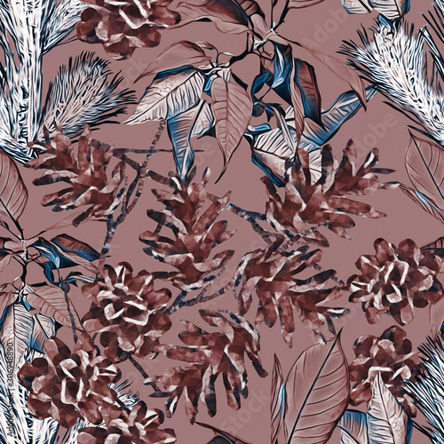 Cone with poinsettia and fir, seamless pattern.