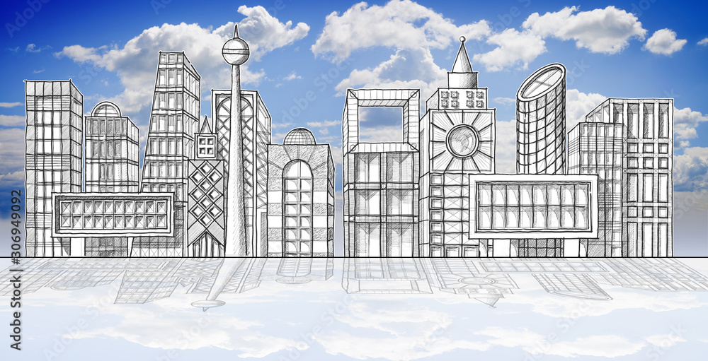 Drawing the skyline of a modern city hypothetical - pencil on white background