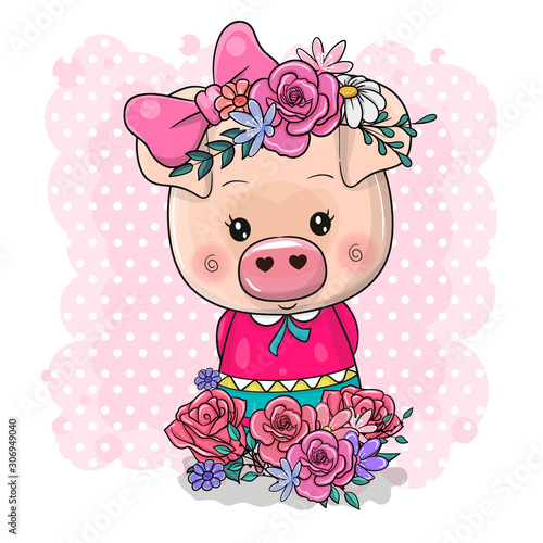 Cute Drawing Piggy girl isolated on a pink background