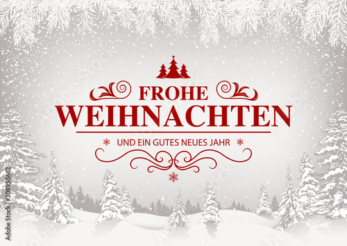 Merry Christmas Greeting Card with White Snowing Landscape and Red Lettering - Festive Illustration with Snowfall, Vector