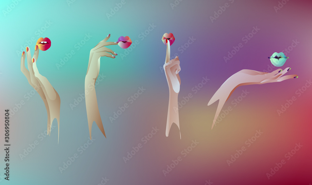Fototapeta premium Abstract neon painting of female hands with his lips, emotion, surprise, secret, thinking, kiss, make up, color vector fashion pattern, a set of gestures