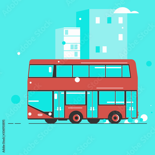 Transport concept. A simplified illustration of a double decker with a city background. Flat vector.