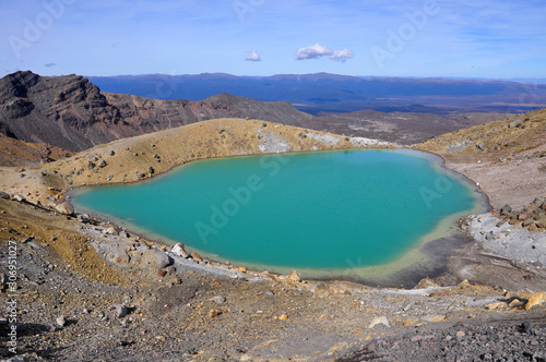 Panorama view of colorful Emerald lakes and volcanic landscape, Tongariro Alpine Crossing, North Island, New Zealand.