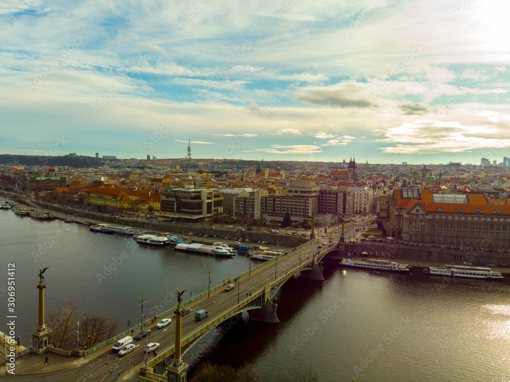 Aerial Panoramic View over The Prague City, River, Bridges and Old Town, Czech Republic
