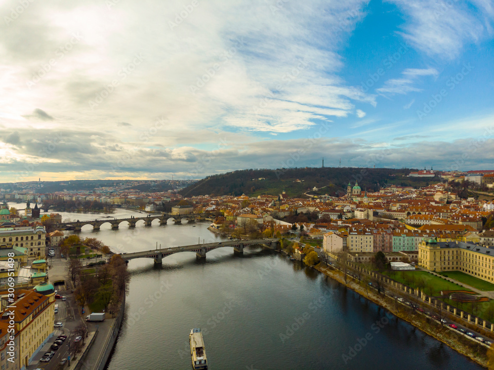 Fototapeta premium Aerial Panoramic View over The Prague City, River, Bridges, Castle and Old Town, Czech Republic