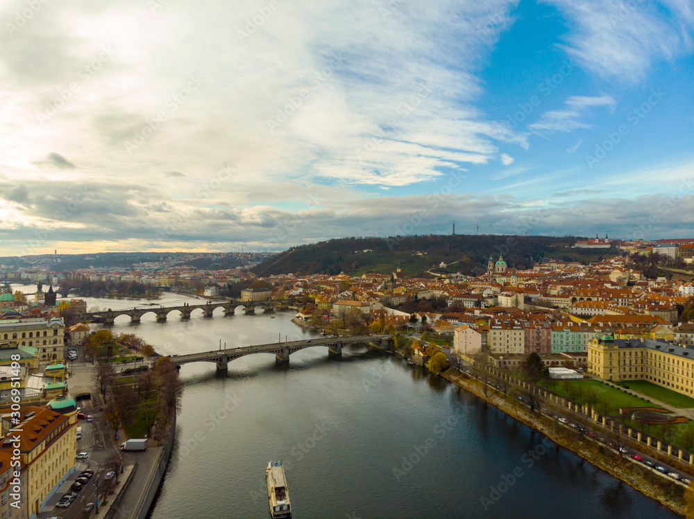 Aerial Panoramic View over The Prague City, River, Bridges, Castle and Old Town, Czech Republic