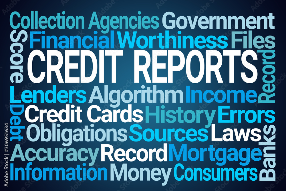 Credit Reports Word Cloud on Blue Background Credit Reports Word Cloud on Blue Background