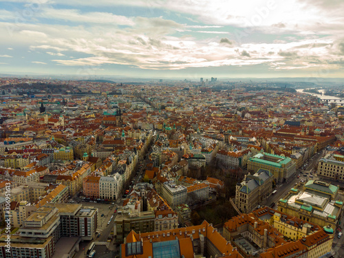 Aerial Panoramic View over The Prague City  River  Bridges and Old Town  Czech Republic