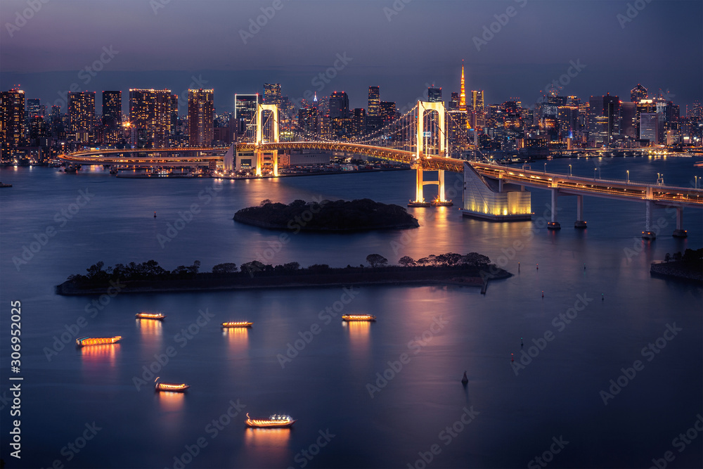 Tokyo skyline with Tokyo Tower and Rainbow Bridge at night in Japan
