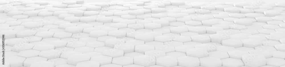 Perspective header hexagonal background with the effect of depth of field. A large number of white hexagons. Cellular, white 3d panel. wall texture, hexagonal clusters
