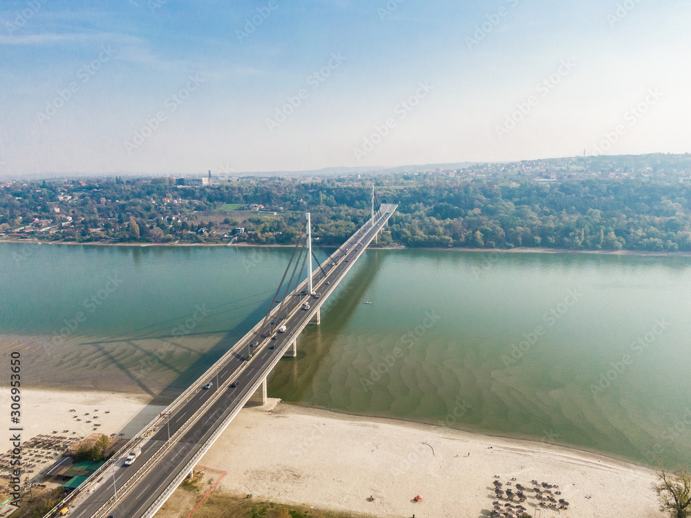 aerial view of the bridge and beach on Danube