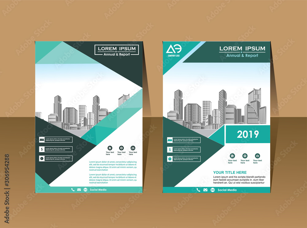 Vector Business brochure, flyers design template, company profile, magazine, poster, annual report, book & booklet cover, with green wavy line, and cityscape vector in background elements, size a4.