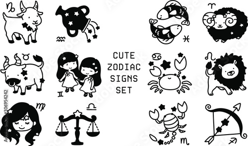 Set of black and white zodiac signs