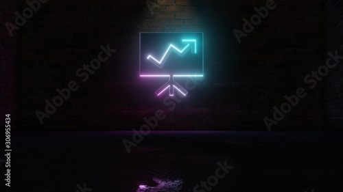 3D rendering of blue violet neon symbol of presentation icon on brick wall