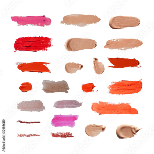 Vector Set of Different Cosmetic Smears Isolated on White, Design Elements, Lipstick, BB Cream, concealer, tint.