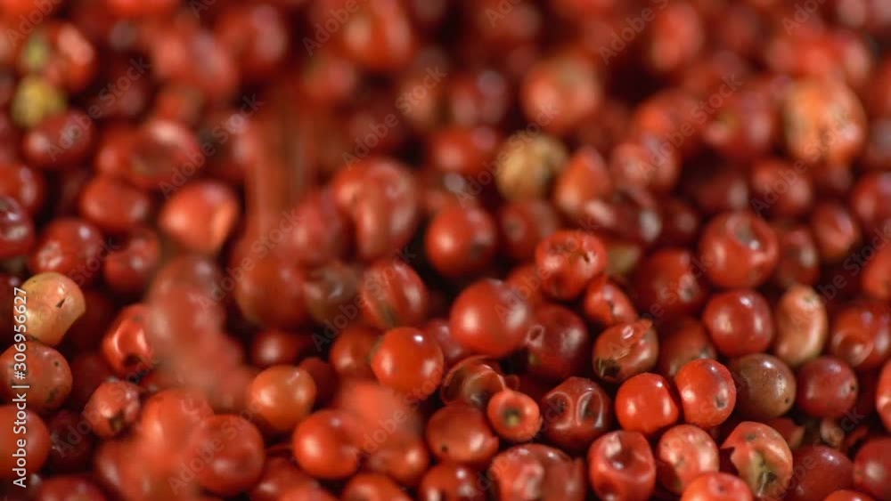 Food spices pink peppercorns red pepper Himalayan pepper berries. concept of fresh and dietary spices for cooking schools vegans and dietary products. Fall. Slow motion. Food spices pink peppercorns red pepper Himalayan pepper berries. concept of fresh and dietary spices for cooking schools vegans and dietary products. Fall. Slow motion.