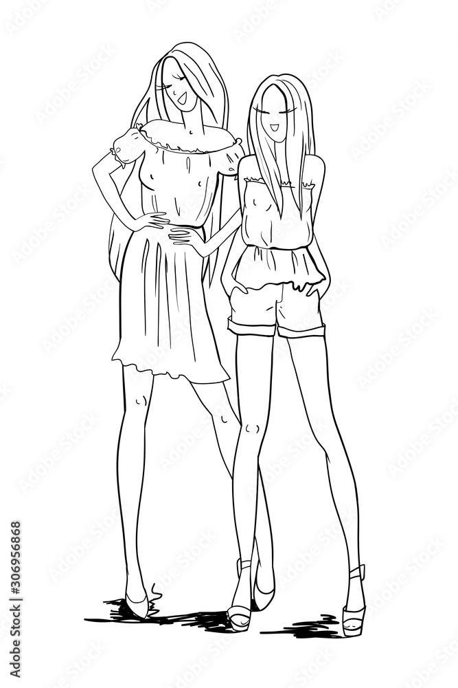 Young beautiful girls in light summer clothes, with long hair, posing for shooting, smiling, hand-drawn fashion vector illustration, outline drawing, raster copy
