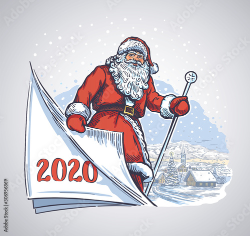 Cheerful santa turning a page, symbolic of a the portrayed time of the past year, and the coming next.