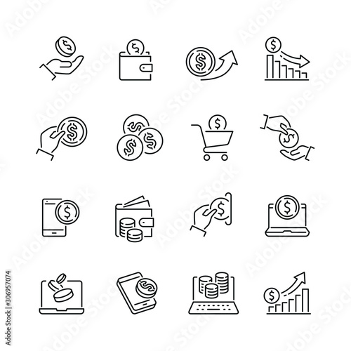 Money related icons: thin vector icon set, black and white kit