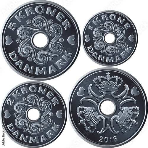 Vector set of cupronickel coins one, two and five krone with hole in middle. Krone, official currency of Denmark, Greenland, and Faroe Islands