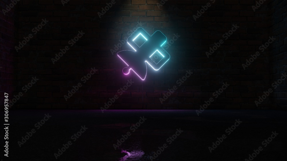 3D rendering of blue violet neon symbol of satellite icon on brick wall 3D rendering of blue violet neon symbol of satellite icon on brick wall