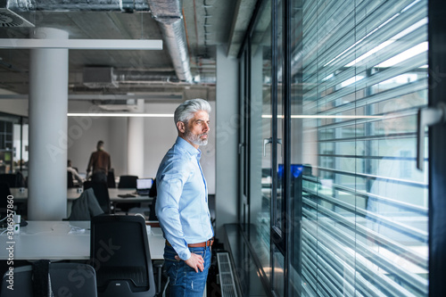 Photos A mature businessman standing in an office, looking out of window