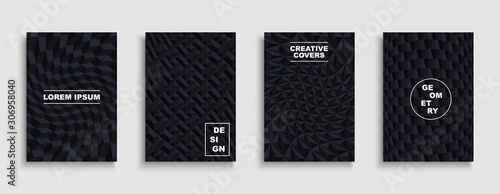 Collection of black textured covers, posters, templates, placards, brochures, banners, flyers, backgrounds. Geometric 3d distorted design with creative dark shapes.