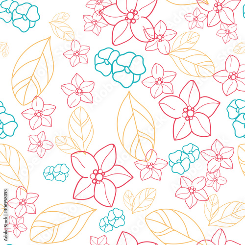 Vector orange blossom with red, turquoise flowers and leaves, white background, seamless pattern.