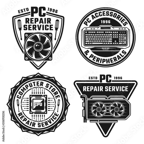 Computer repair service set of four vector emblems