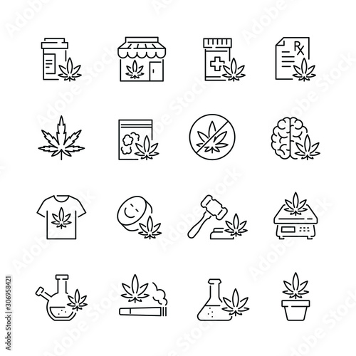 Medical marijuana related icons: thin vector icon set, black and white kit