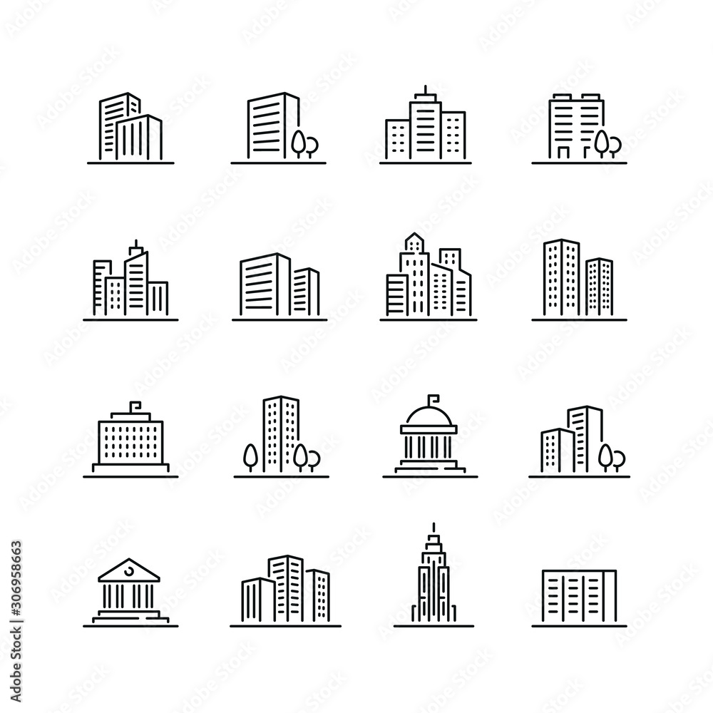 Building related icons: thin vector icon set, black and white kit