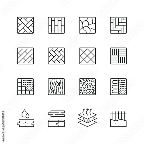 Floor and material related icons: thin vector icon set, black and white kit