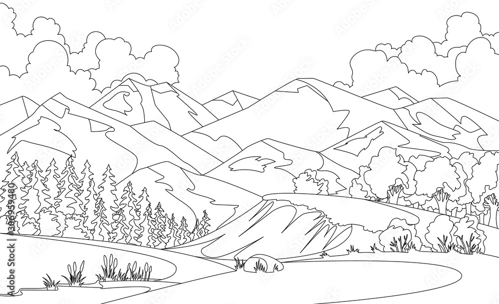 Wektor kolorowanie ilustracji piękne lato pejzaż pól o świcie, wzgórza mountian, niebo, tło kraju w baner stylu płaskiej kreskówki. Styl szkicu <span>plik: #306959480 | autor: the8monkey</span>