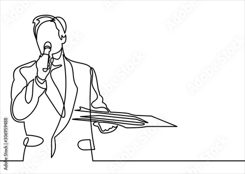Man is speaking on indoor business conference for managers- continuous line drawing