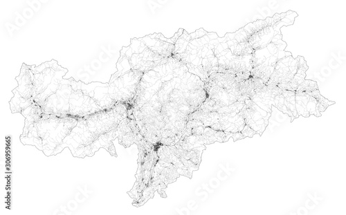 Satellite map of province of Bolzano, towns and roads, buildings and connecting roads of surrounding areas. Trentino Alto Adige, Italy. Map roads, ring roads