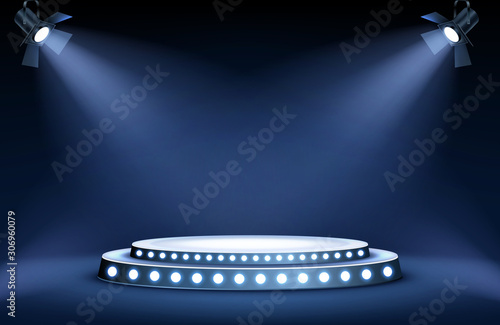 Round podium or stage in the rays of spotlights, realistic vector illustration. Pedestal for winner or award ceremony, empty platform for presentation, performance or show at night club, soon coming