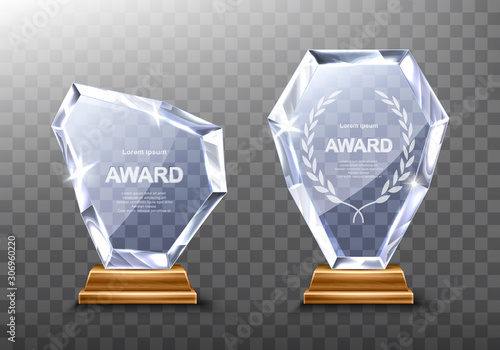 Glass award trophy or winner prize realistic vector illustration. Transparent crystal plate or acrylic diamond frame with laurel wreath on wooden pedestal, isolared front view with light and shadow
