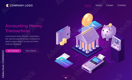 Accounting money transactions, isometric finance concept vector. Bank building with gold coin, piggy bank, payment terminal, credit card icons with connections, finance service website landing page