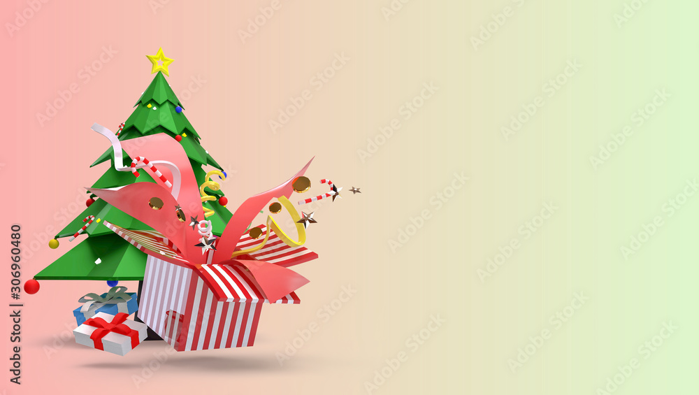 3D Render of Background images for Christmas and Happy New Year Concept. It consists of Christmas trees, gift boxes and beautiful toys that explode.